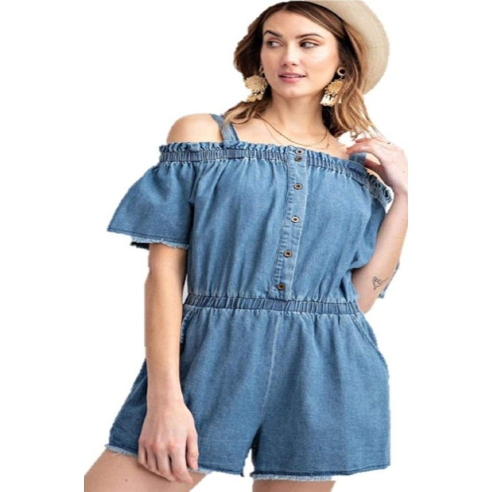 Easel Denim Romper‎ Womens Small Blue Off Shoulder Ruffle Raw Hem EB4887 New
